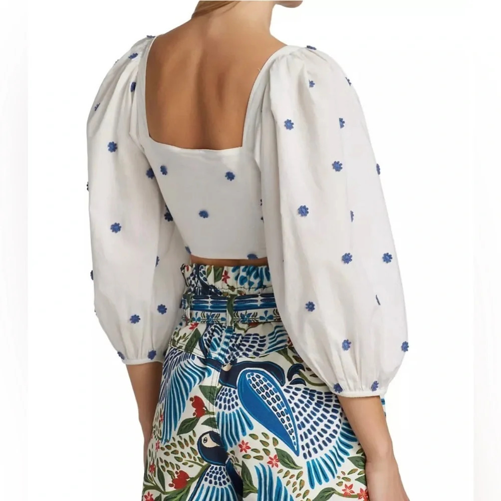 Farm Rio Embroidered Floral Crop Top White Navy Puff Twist Front - Picture 3 of 7